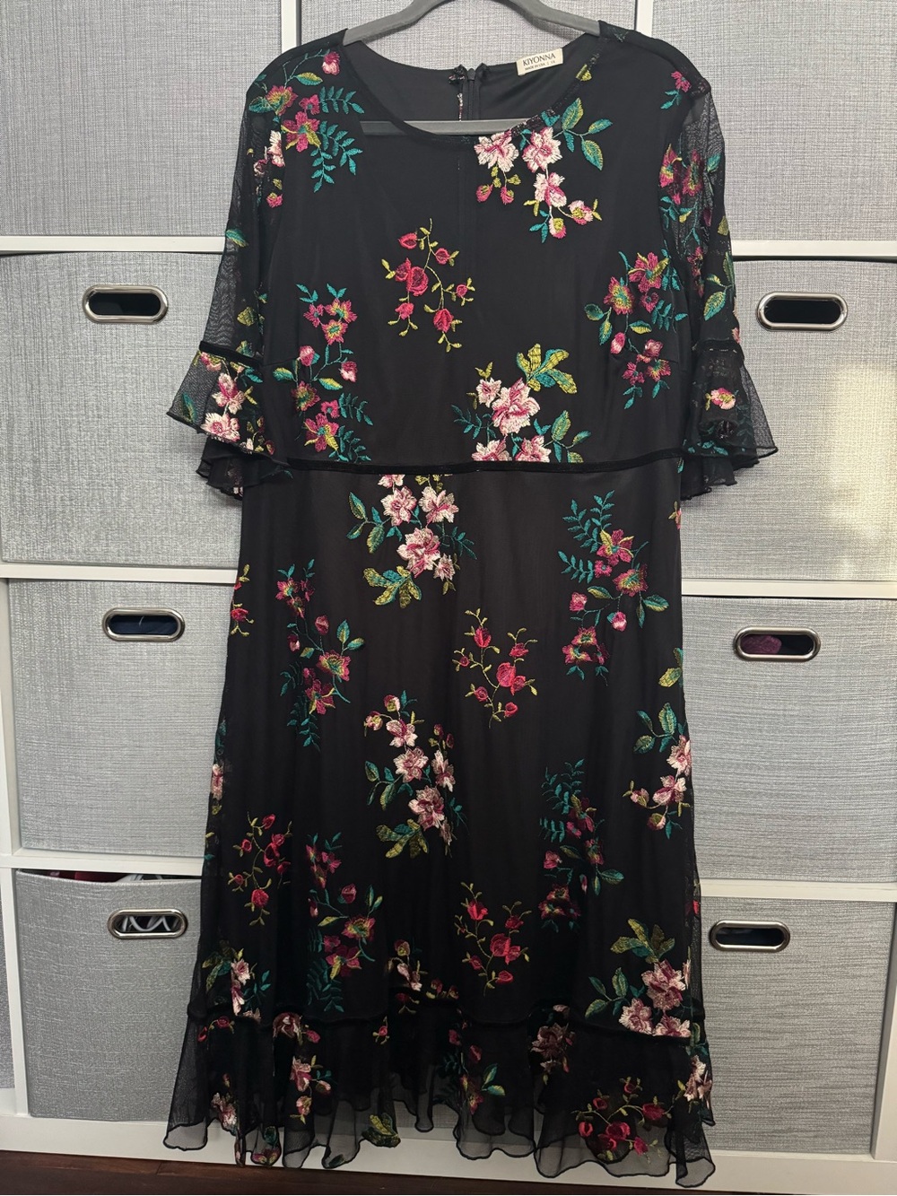 Kiyonna Black Floral Midi Dress with Mesh Overlay